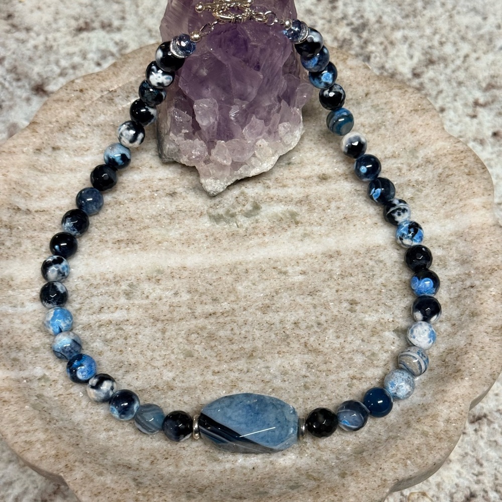 Blue-Black Banded Agate Gemstone Statement Necklace